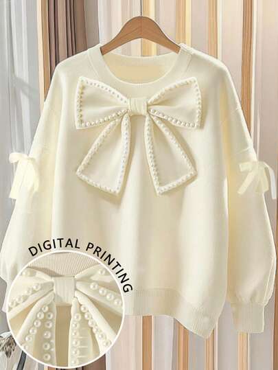 Franclia 女式休闲蝴蝶结和珍珠装饰圆领套头衫
