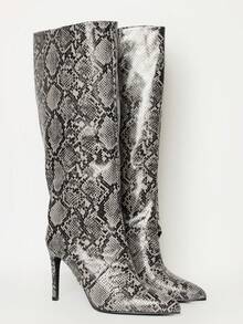 MUSERA Snake Print Faux Leather Pointed Toe Heeled Boots For Christmas - Grey - View 3