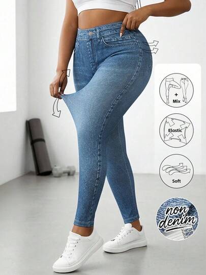 EMERY ROSE Plusstorlek Damleggings med hög midja i fuskdenim med knappdetaljer och fickor - Stretchiga, smala passformar, vintagetvättade yogabyxor för daglig fest, kontor, semester