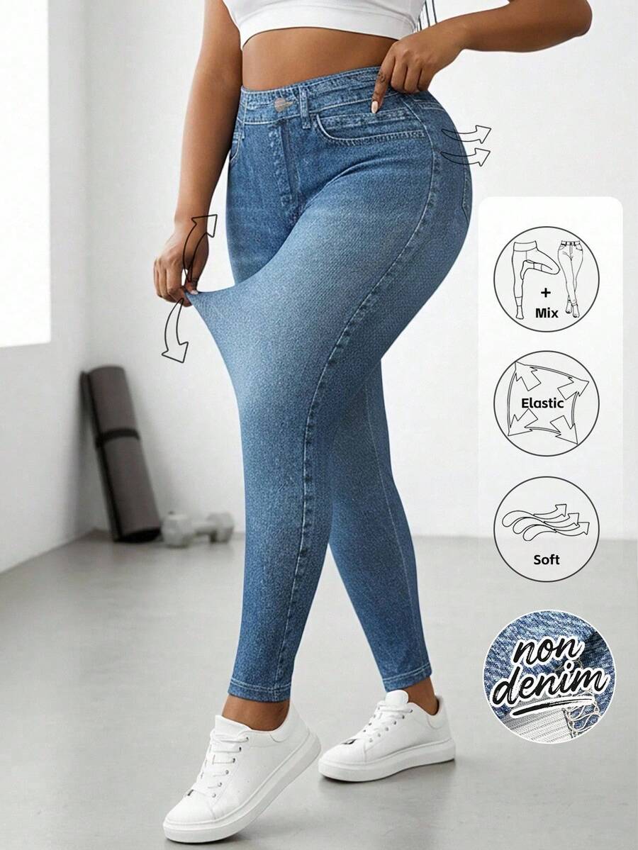 EMERY ROSE Plus Size Women's High Waist Faux Denim Leggings With Button Details & Pockets - Stretchy Slim Fit Vintage Wash Yoga Pants For Daily Party Office Vacation - Multicolor - View 1