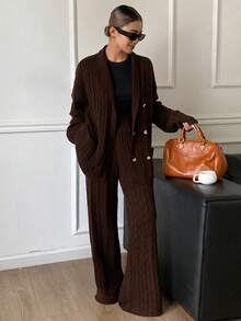 DAZY Women's Turndown Collar Open Front Loose Knit Sweater And Straight Leg Pants 2 Pieces Set, Casual & Elegant - Coffee Brown - View 5