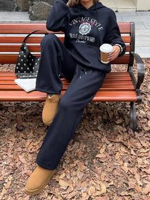 DAZY Women's Letter Print Drop Shoulder Long Sleeve Hoodie With Pocket & Drawstring, Casual 2 Pieces Set, Autumn/Winter