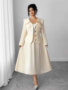 SHEIN PETITE CURVE 大码女式两件套，纯色高端时尚，适合日常穿着、约会、通勤、秋冬 - 杏色 - 查看 3