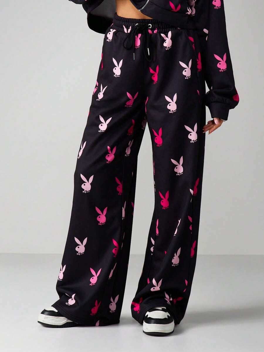 Missguided x Playboy 女式兔子印花阔腿运动裤休闲家居服睡裤 - 黑色 - 查看 1