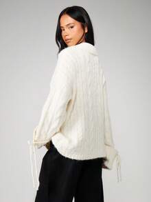 MISSGUIDED Oversized Zopfstrick Kapuzenpullover mit Kordelzug Langarm Pullover für gemütlichen Winterkomfort - Aprikosenfarben - Übersicht 2