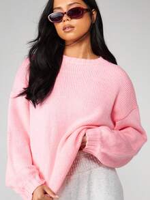 MISSGUIDED 超大针织毛衣圆领长袖套头衫冬季秋季休闲舒适 - 粉色 - 查看 5