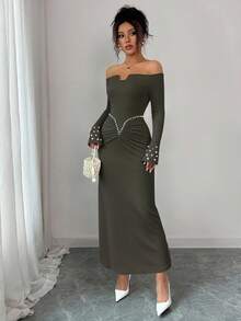 Elenzga Black & White Contrast Design Shoulder Cut-Out Off Shoulder Long Sleeve Dress, Suitable For Birthday Party, Date, Versatile - Army Green - View 5