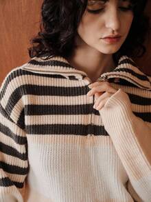 Zovinel Áo khoác cardigan sọc cổ khóa kéo thanh lịch dành cho nữ, áo khoác ngoài dài tay, áo len dệt kim sọc màu tương phản, thu/đông - Màu Khaki - Xem 9