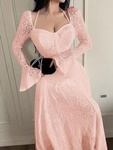 Feyla Đầm midi tay loe cổ yếm thời trang nữ - Màu Hồng baby - Xem 7