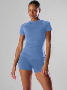 Musera Sport Áo thun thể thao tay ngắn màu trơn, quần short chạy bộ, quần hoạt động thoải mái, thích hợp cho tập luyện thể dục, câu lạc bộ chạy bộ, padel, tennis, pickleball, tập gym mùa hè. - Màu xanh lam - Xem 5