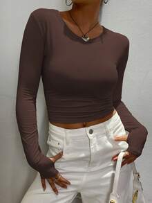 INAWLY Maglietta casual da donna a maniche lunghe, girocollo, aderente, tinta unita - Caffè Marrone - Visualizzare 5