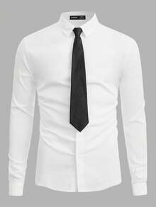 SWAVVY Men Casual Solid Button Up Shirt With Tie, Fall, Couple Things - White - View 1
