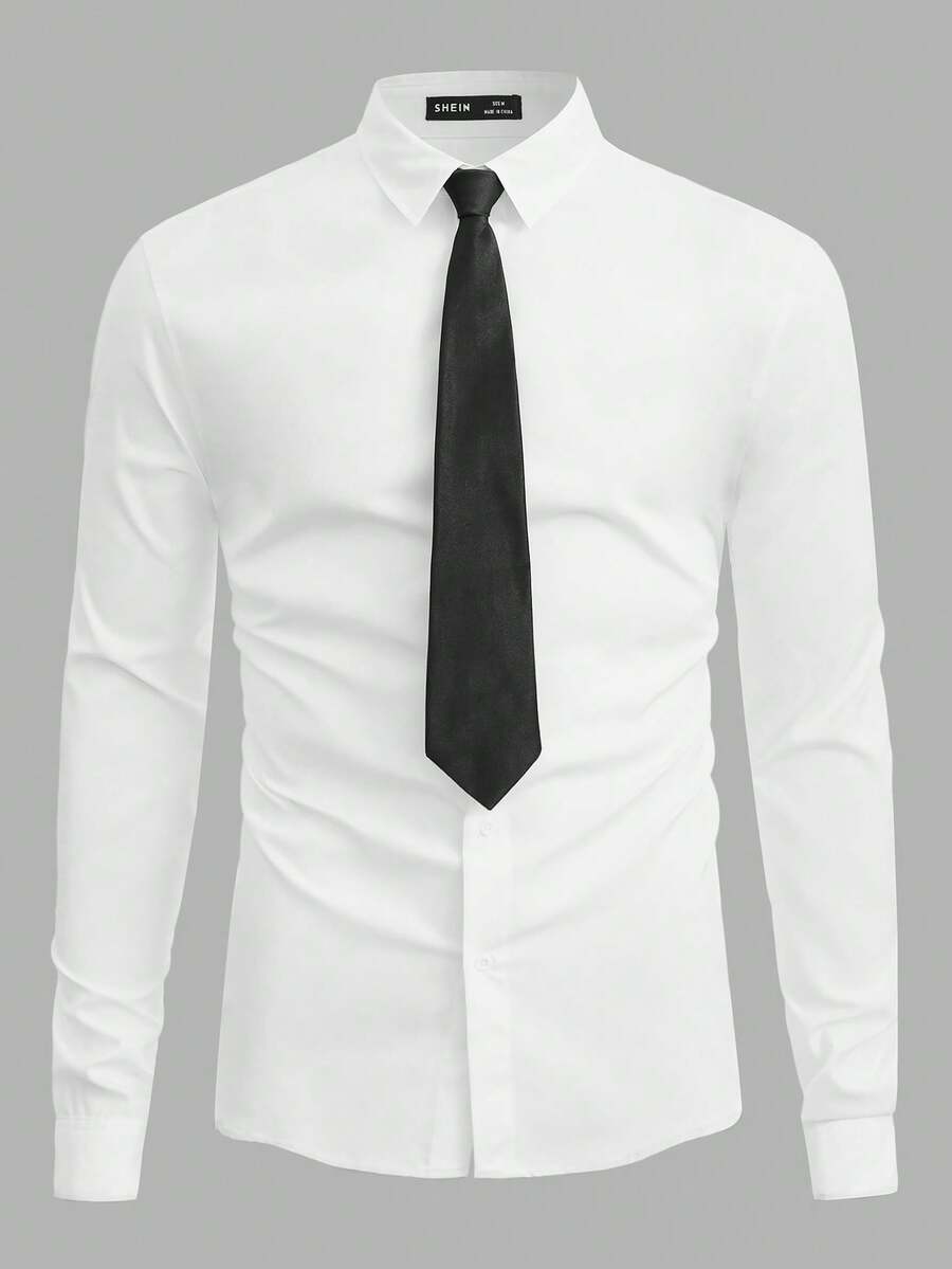 SWAVVY Men Casual Solid Button Up Shirt With Tie, Fall, Couple Things - White - View 1