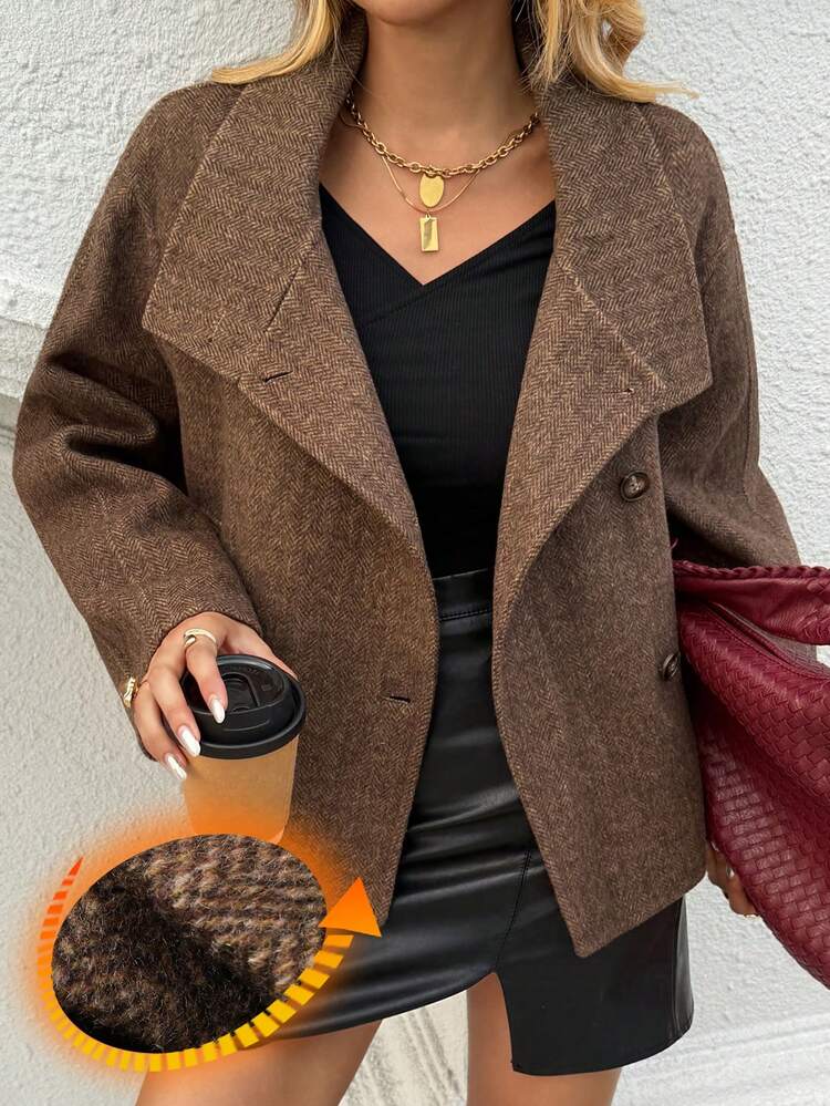 Women's Turndown Collar Short Casual Knitted Blend Jacket, Autumn/Winter Women Coats