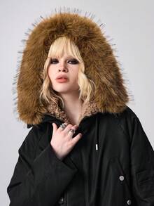 ROMWE 畅销仿毛领夹棉大衣，女士厚实保暖休闲派克大衣，宽松时尚外套，冬季新品 - 黑色 - 查看 6