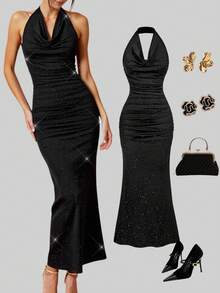 SHEIN MOD Sequin Fabric Party Dress With Scoop Neck And Ruched Design For Women Black Glitter Dress Sparkly Black Dress Black Sequin Dress Black Tie Event Dress Cruise Dinner Dress,Christmas Dress,Winter Dress Women,New Year Dress ,Party Dress,Wedding Guest Dress ,Elegant Dresses For Women ,Luxury Evening Dresses For Women - Black - View 2