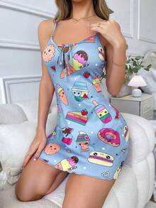 SweetSlumber 女士细肩带正面系带全印花睡袍、休闲家居服 - 淺藍色 - 查看 6