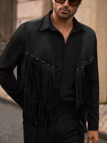 Manfinity NXTstreet 男士麂皮夹克，铆钉装饰，流苏衬衫，男士黑色长袖棉质衬衫，波西米亚风男士西部风冬季装扮 - 黑色 - 查看 5