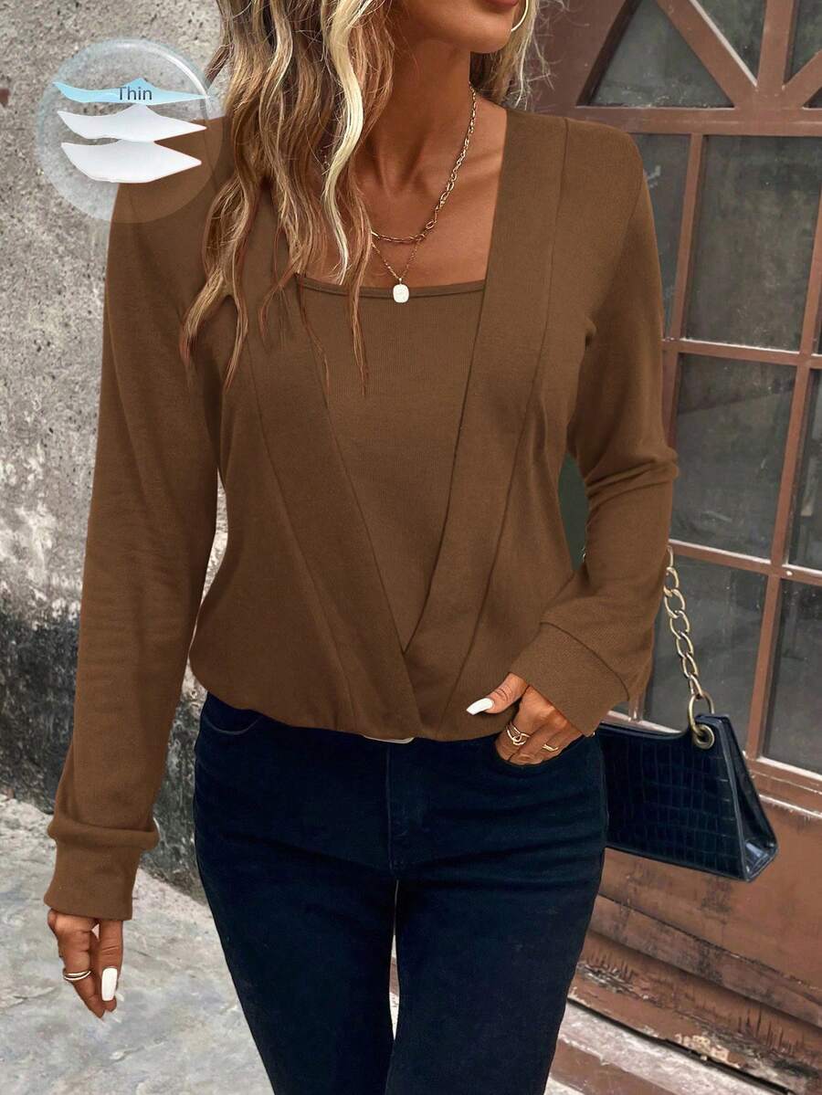 SHEIN Clasi Sudadera de cuello cuadrado sólido, top de manga larga, graduación, maestro, regreso a la escuela en otoño/invierno - Marrón - Ver 1
