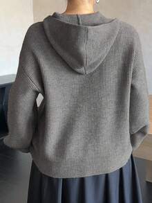 Dazy Plus Plus Size Women Solid Color Hooded Zip-Up Cardigan, Casual & Loose Fit, Autumn/Winter - Grey - View 2