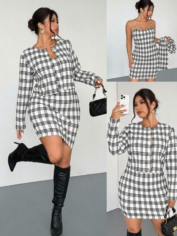 Firerie Vintage College Style Black & White Plaid Digital Print Random Print Loose Cropped Long Sleeve Jacket & Sleeveless Bodycon Mini Dress 2 Pieces Set, Elegant For Commute, Workplace, Afternoon Tea, Date, Concert, Party Checkered Dress Plaid Dress Women Plaid Two Piece Set 2 Piece Casual Sets Woman Houndstooth Dress