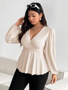 Vionelle Plus Size V-Neck Ruffle Puff Sleeve Long Sleeve Textured Knit Cropped Hem Casual T-Shirt For Women, Apricot - Apricot - View 5