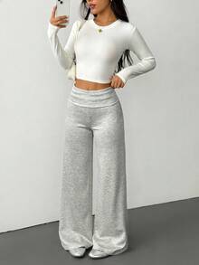 SHEIN PETITE 女士纯色翻边腰阔腿宽松休闲裤运动裤，秋冬百搭家居服 - 灰色 - 查看 5