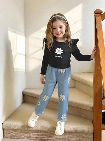 Elladie kids 2pcs Young Girl Casual Fashion Street Style Round Neck Long Sleeve Cap Sleeve Daisy Print T-Shirt And Elastic Waist Straight Leg Denim Effect Pants Outfit, Suitable For Spring And Autumn