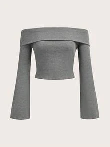 SHEIN EZwear Top moulant à manches longues évasées et épaules dénudées pour femmes, convient pour l'automne/l'hiver - Gris foncé - Voir 6