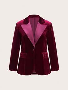 Ellevyn Plus Size Elegant Velvet Blazer With Pockets, Suitable For Parties And Events, Autumn/Winter Halloween Costumes - Burgundy - View 7