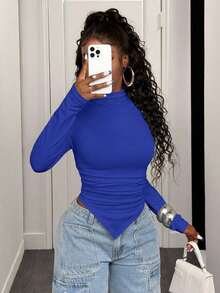 BamGleam Mùa Xuân Và Mùa Thu Thường Ngày Màu Trơn Cổ Áo Đứng Viền Bất Đối Xứng Vải Xếp Slim Fit Áo Thun - Xanh đậm - Xem 6