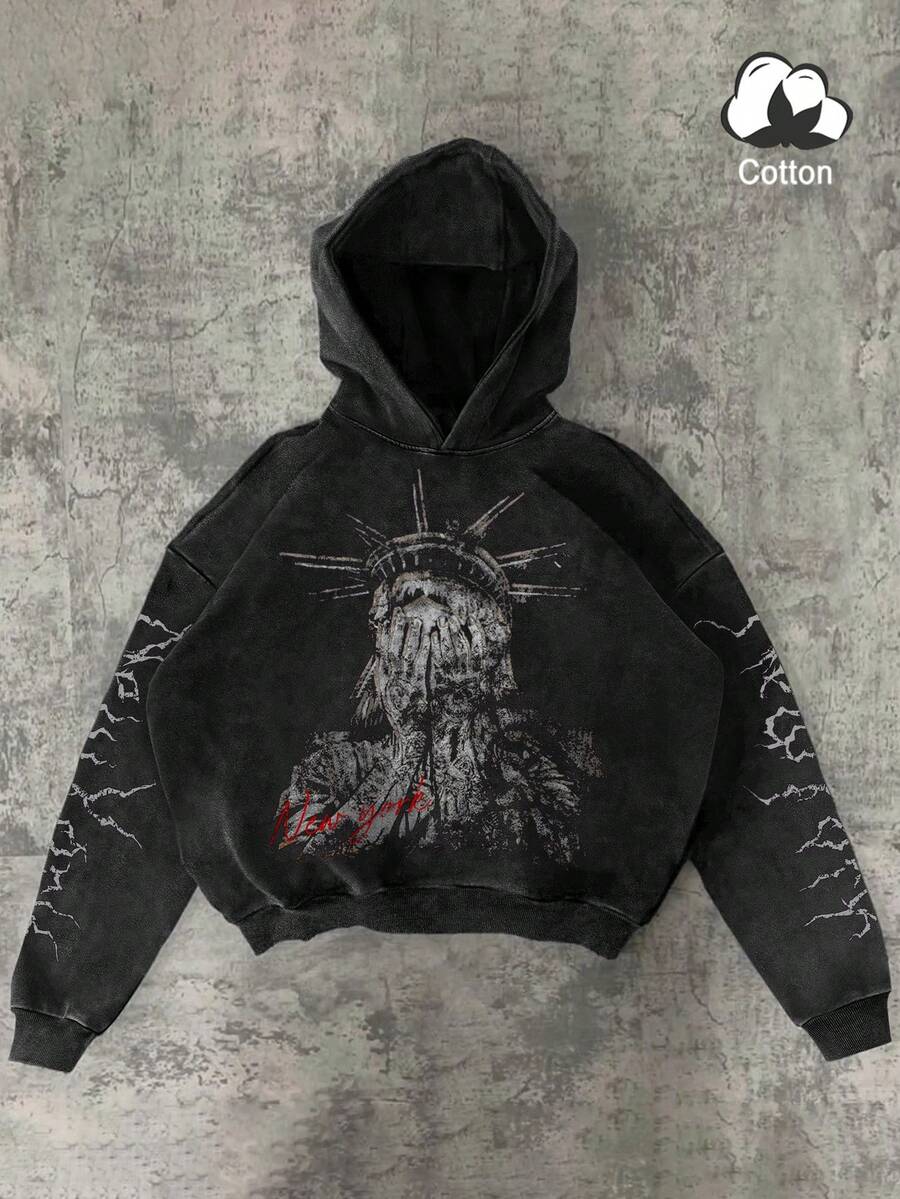 PAVTROS 男士纽约标语和自由女神像图案印花连帽衫，美式街头风格，秋季男装 - 黑色 - 查看 1