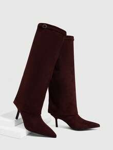 CUCCOO SZL Damen Mode Spitze Zehen Wildleder Overknee Stiefel, elegante vielseitige Slim Heel Overknee Stiefel - Braun - Übersicht 2