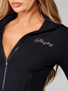 Missguided x Playboy Zip Up Track Jacket With Pink Stripe Detail Long Sleeve Athletic Outerwear For Spring Autumn Activewear - Multicolor - View 5