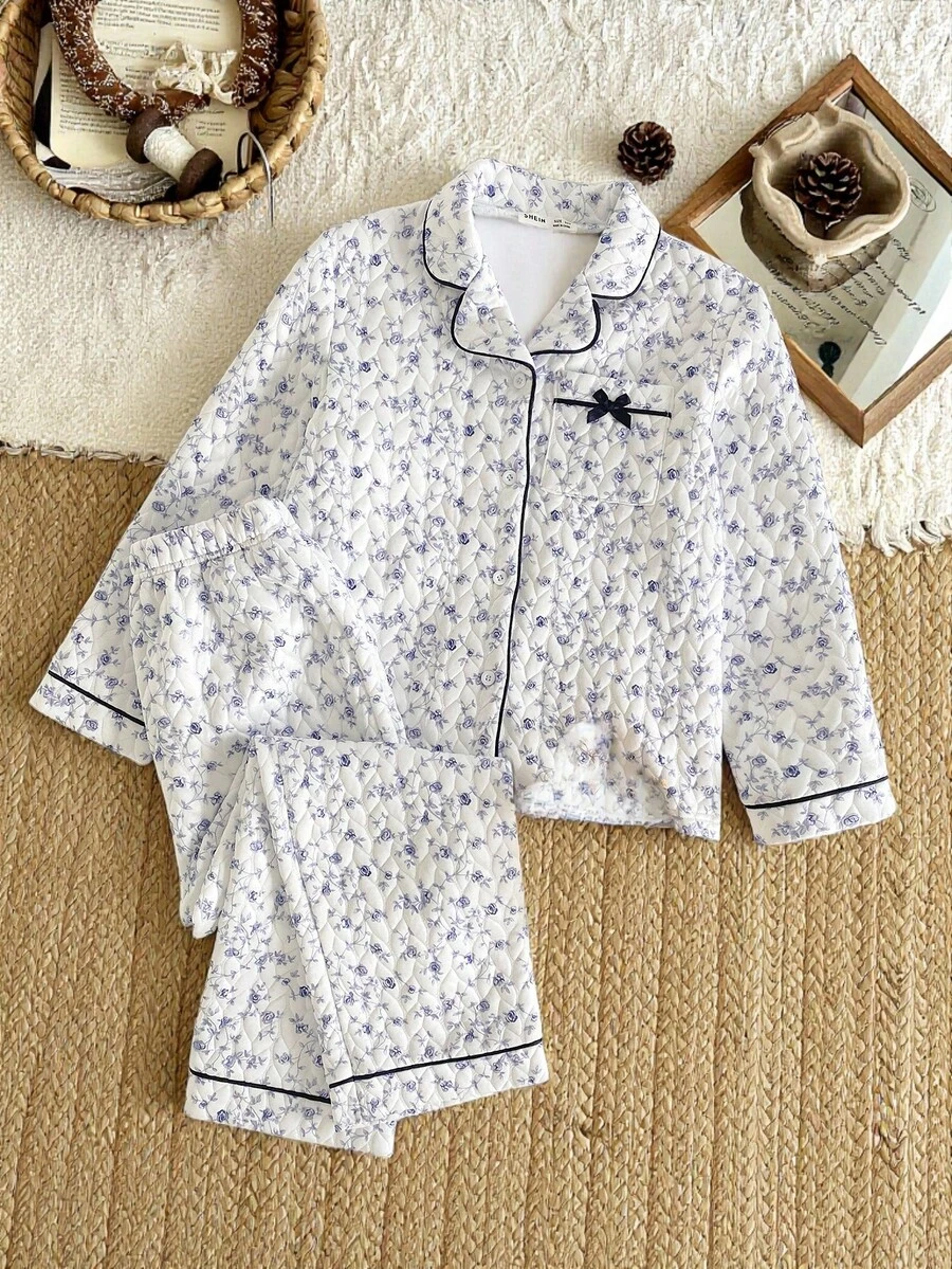 SHEIN 2件套女童休闲碎花长袖上衣和裤子家居服套装 - 藍白色 - 查看 1