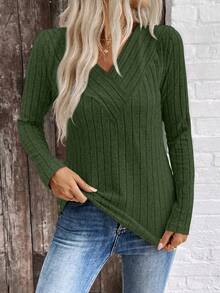 SHEIN LUNE LUNE V领拉绒罗纹女上衣，跨境电商秋冬新品 - 綠色 - 查看 3