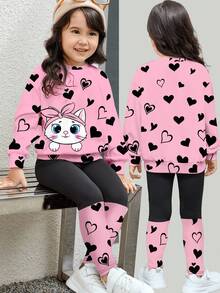 SHEIN Leap Crew 2pcs/Set Tween Girls Casual Cute Pink Cat Heart Print Sweatshirt & Leggings, Comfortable Outfit For Autumn/Winter
