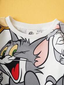 TOM & JERRY X SHEIN 2 件套小男孩卡通全身印花针织宽松圆领套头衫和裤子套装，秋冬