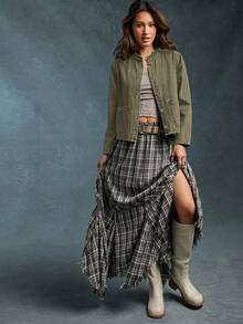 WESTFADE Summer Denim Scallop Trim Fitted Long Sleeve Denim Jacket - Olive Green - View 2