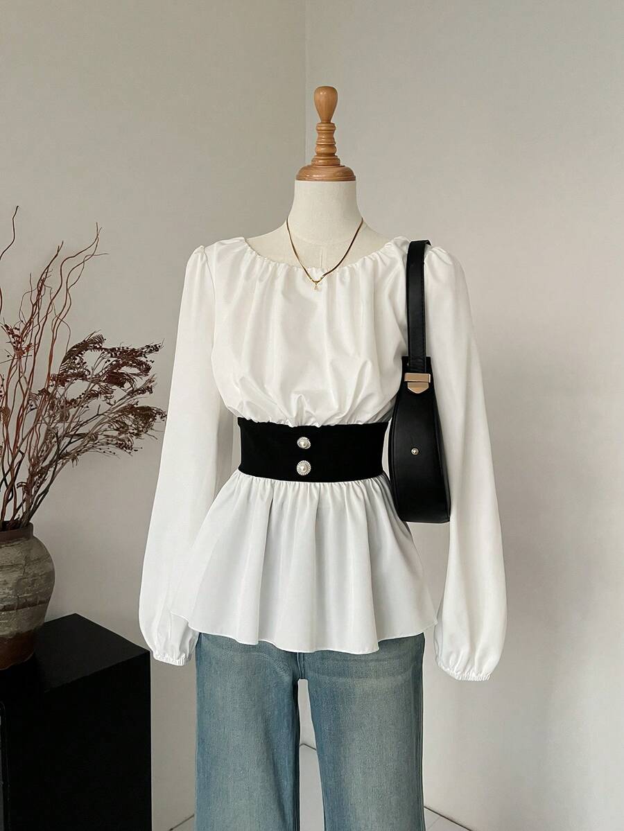 SHEIN LUNE 女式撞色圆领灯笼袖腰部修身衬衫 - 白色 - 查看 1
