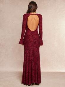 Silquee 女式秋冬提花镂空露背修身长袖鱼尾裙 - 酒紅色 - 查看 7