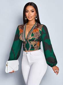 SOLERSUN Spring And Summer Women's Wear Daily Leisure Elegant Commuter Black Floral Print With Apricot Base Woven Fabric Deep V-Neck Pleated Waist Gathered Back Long Sleeves Lantern Sleeves Shirt