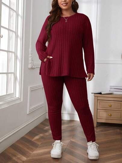 SHEIN Essnce Plus Size Comfortable Knit Ribbed 2 Pieces Set/Winter