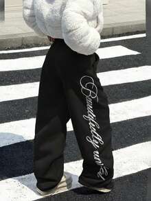 Muchica Women's Embroidered Casual Loose Thermal Lined Sweatpants, Black & White, Autumn/Winter Streetwear - Black - View 2