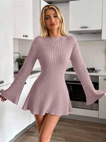 EURMUSE Mini Wool Dress With Flared Striped Sleeves - Coral Pink - View 5