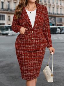 SHEIN Clasi Ensemble tailleur jupe élégant ajusté à carreaux noirs et blancs. Tailleur-jupe pour femmes, ensemble veste et jupe pour le bureau. Tenues décontractées chic pour femmes en deux pièces, convient pour l'automne/l'hiver - Rouge foncé - Voir 6