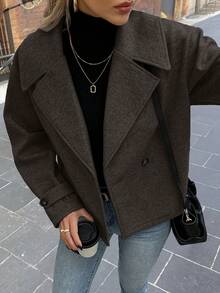 EMERY ROSE Women's Large Lapel Decorated Button Long Sleeve Woolen Coat - Coffee Brown - View 6