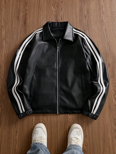 SWAVVY 男式撞色条纹黑色长袖夹克