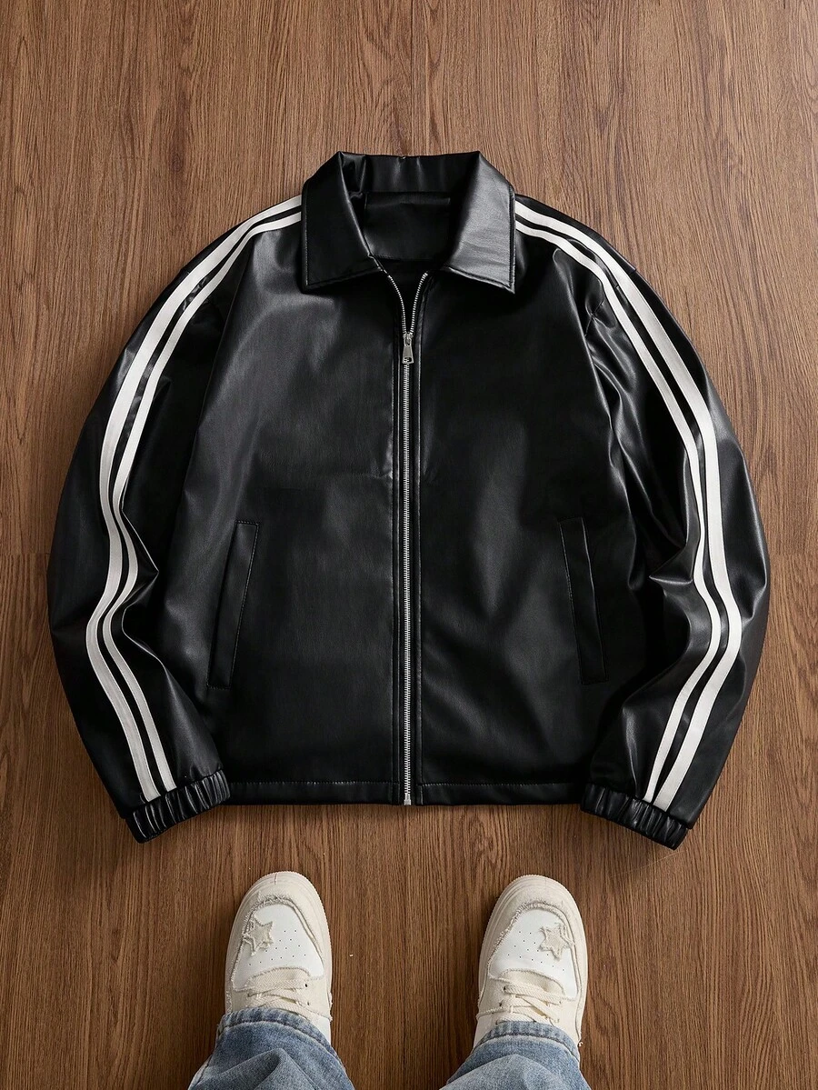 SWAVVY 男式撞色条纹黑色长袖夹克