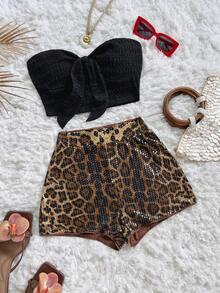 Soleia Winter And Summer  Christmas 2pcs Women's Black & White Striped Woven Tie-Up Bandeau Top And High Waist Shorts Set, Suitable For Date, Afternoon Tea, Beach, Cruise, City Vacation, Music Festival, Boho Vacation Two Piece Outfit Sequin Shorts Cheetah Print Shorts Cheetah Shorts Cheetah Print Two Piece Cheetah Print Bathing Suit High Waist Swimsuit Set Bikini High Waisted Set New Year Clothes  Party  For Women Beach  Formal Sequin Leopard Print